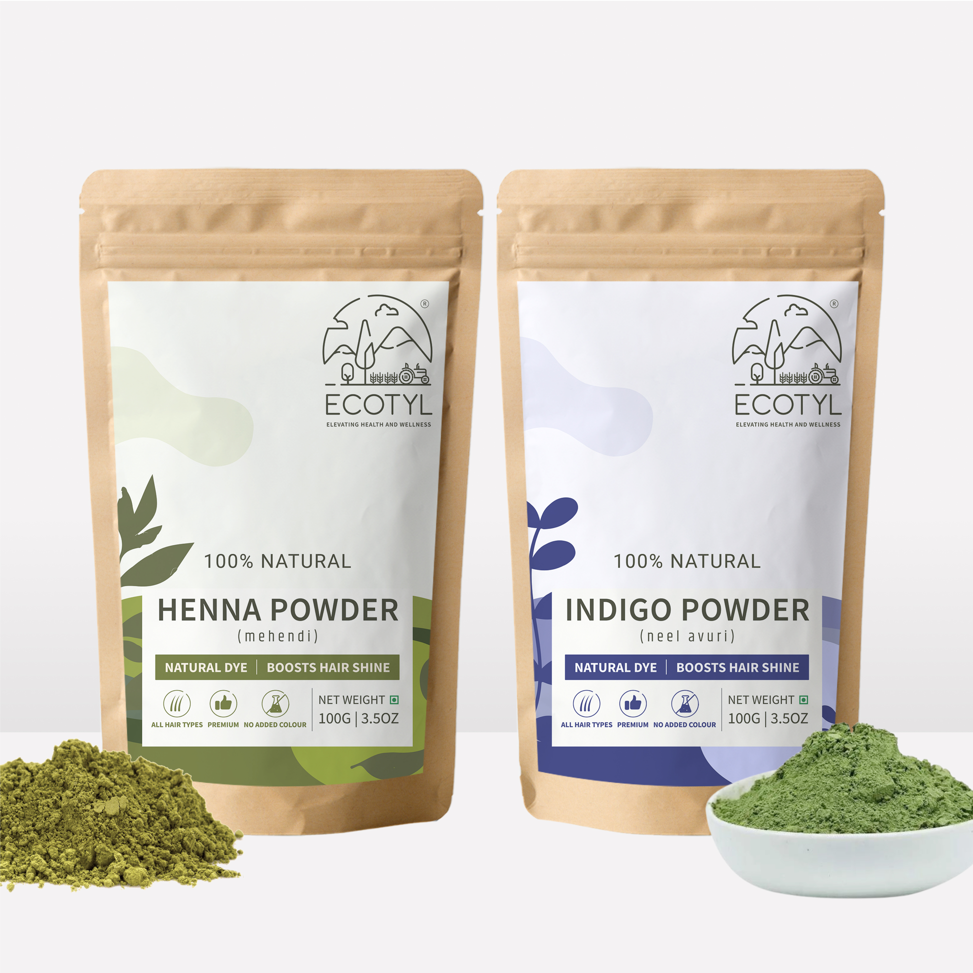 Ecotyl Hair Colour Combo - Henna Powder and Indigo Powder | Natural Hair Dye | 100g Each